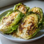 Four roasted cabbage recipe wedges topped with browned cheese served on a white plate.