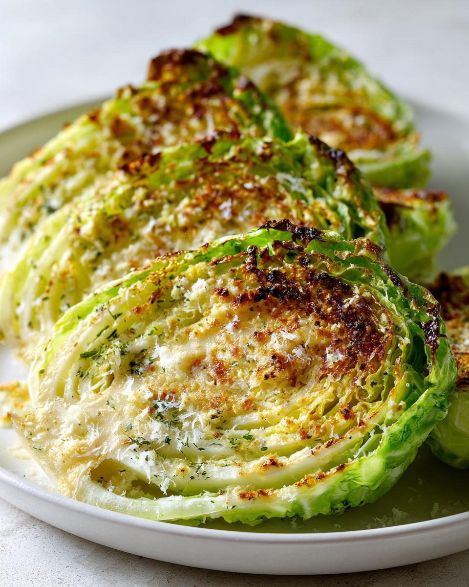 Close-up of roasted cabbage recipe wedges topped with melted cheese and herbs.