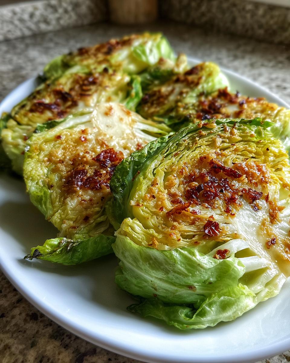 Four wedges of roasted cabbage recipe served on a white plate with a browned, savory topping.