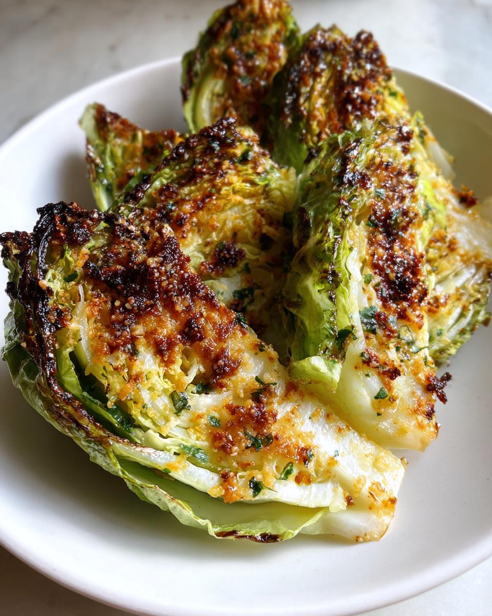 Four wedges of roasted cabbage recipe with a golden-brown, herbed, and crispy topping served in a white bowl.
