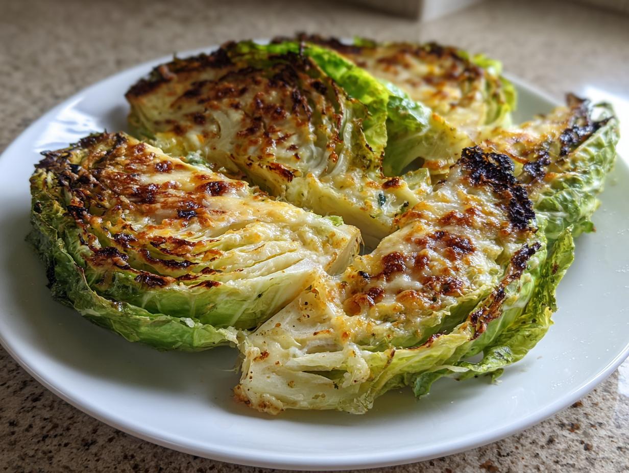 Four wedges of roasted cabbage recipe topped with melted, browned cheese served on a white plate.