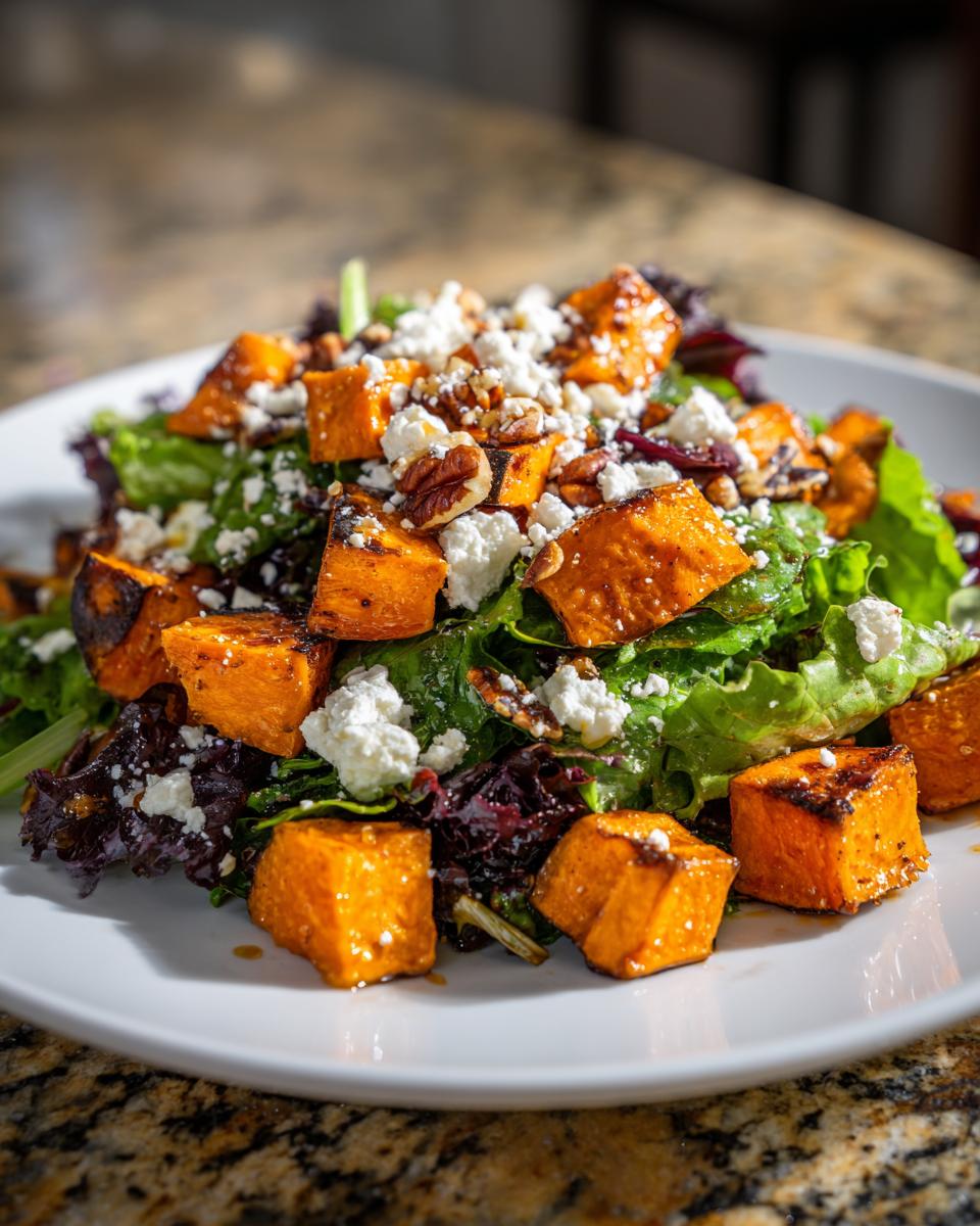 Close-up of a vibrant sweet potato salad featuring roasted orange sweet potato cubes, mixed greens, crumbled feta cheese, and pecans.