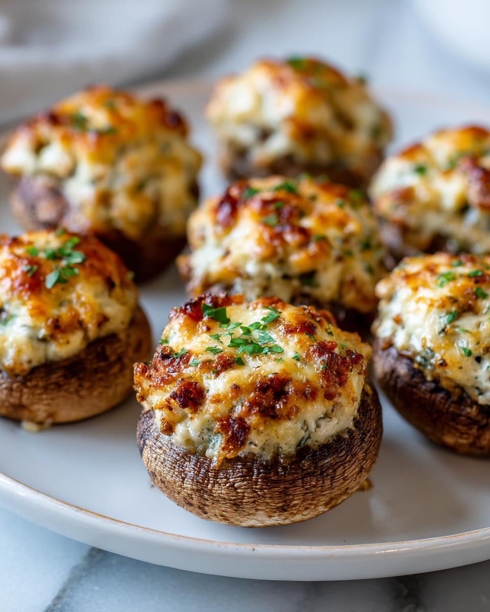Close-up of several golden brown sausage stuffed mushrooms topped with melted cheese and fresh parsley.