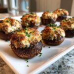 A plate of perfectly baked sausage stuffed mushrooms topped with melted, browned cheese and fresh parsley.