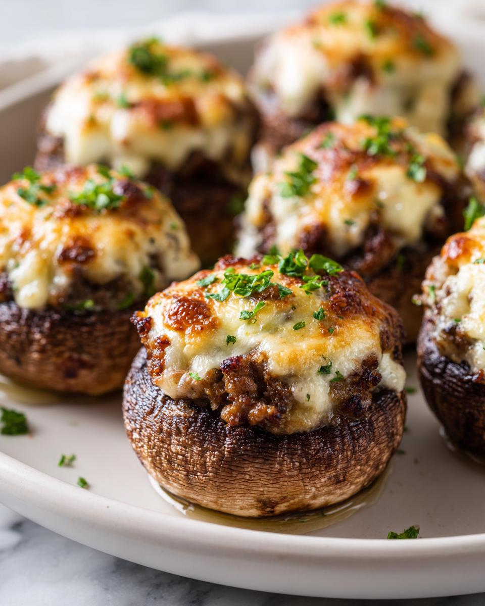 Close-up of baked sausage stuffed mushrooms topped with melted, browned cheese and fresh parsley.
