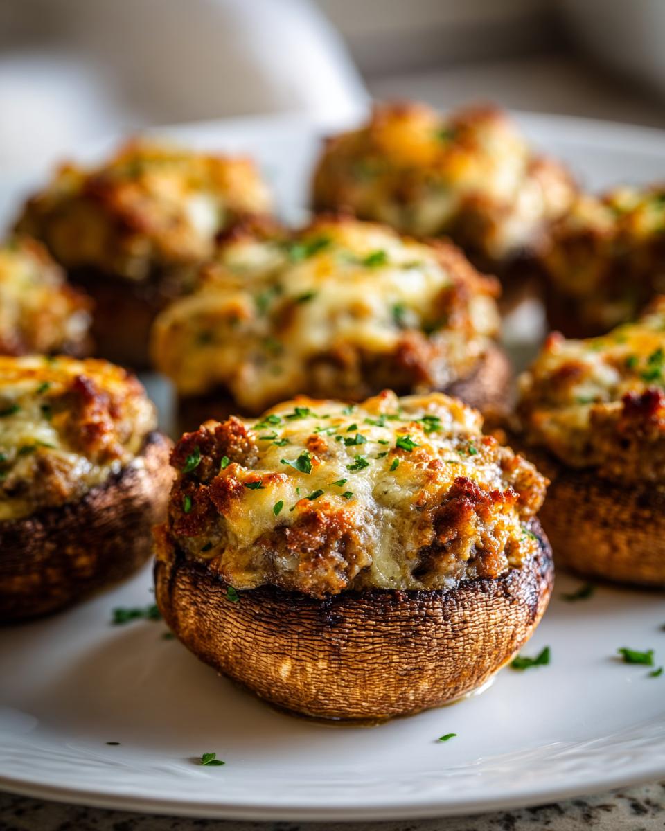 A close-up of several baked sausage stuffed mushrooms topped with melted cheese and fresh parsley on a white plate.