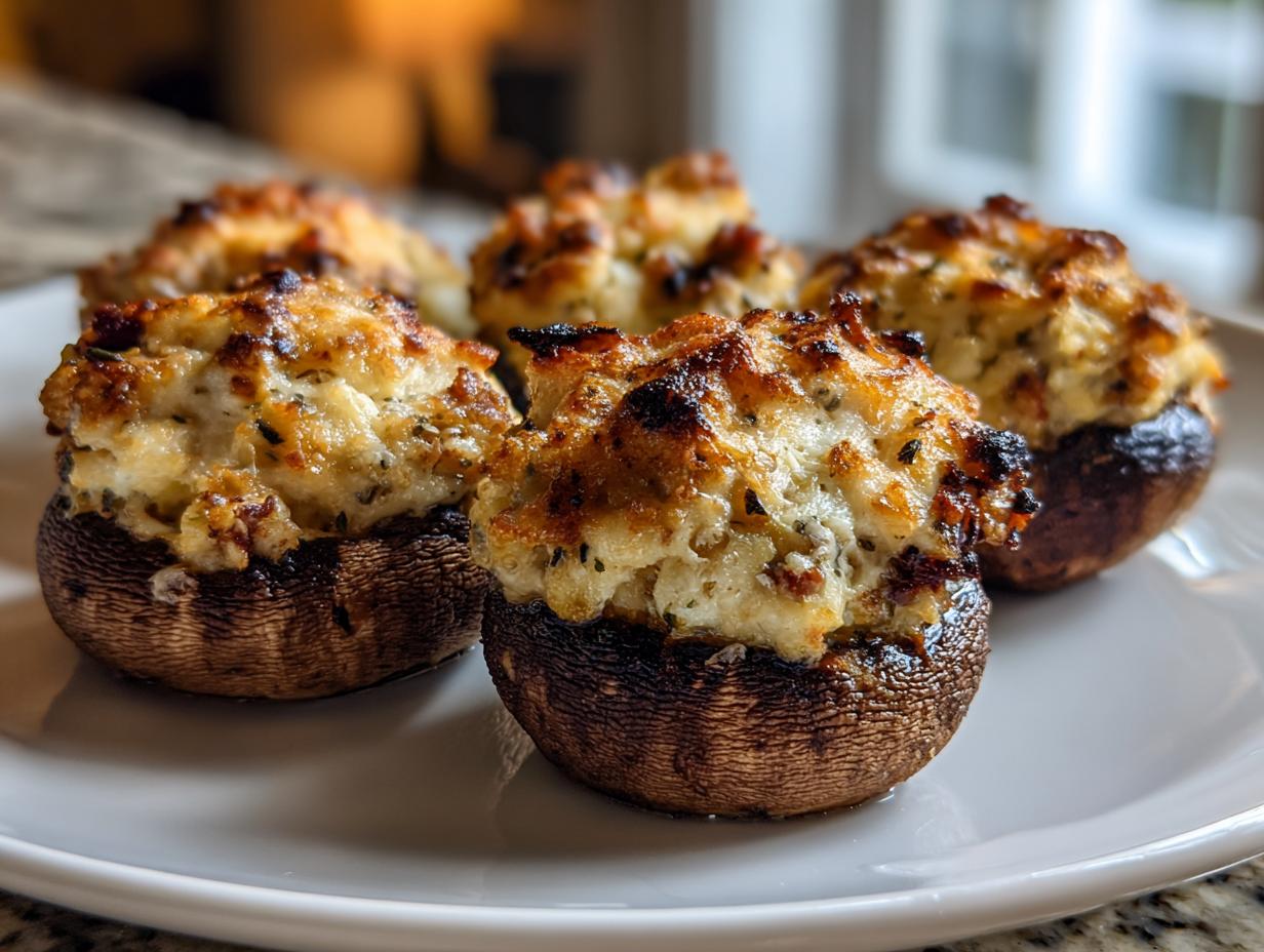 Close-up of several baked sausage stuffed mushrooms with browned, cheesy tops served on a white plate.