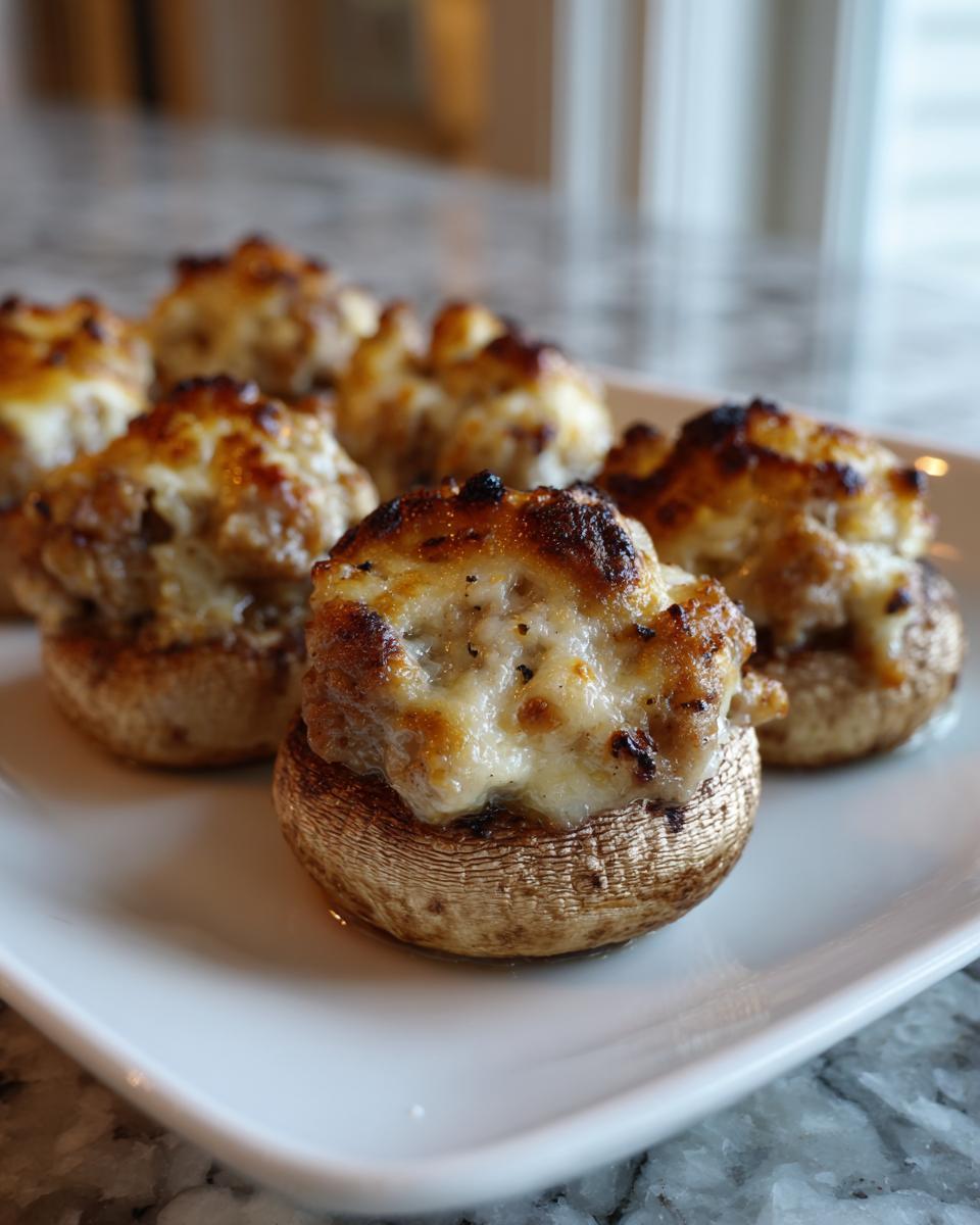 Close-up of baked sausage stuffed mushrooms with melted, browned cheese topping served on a white platter.