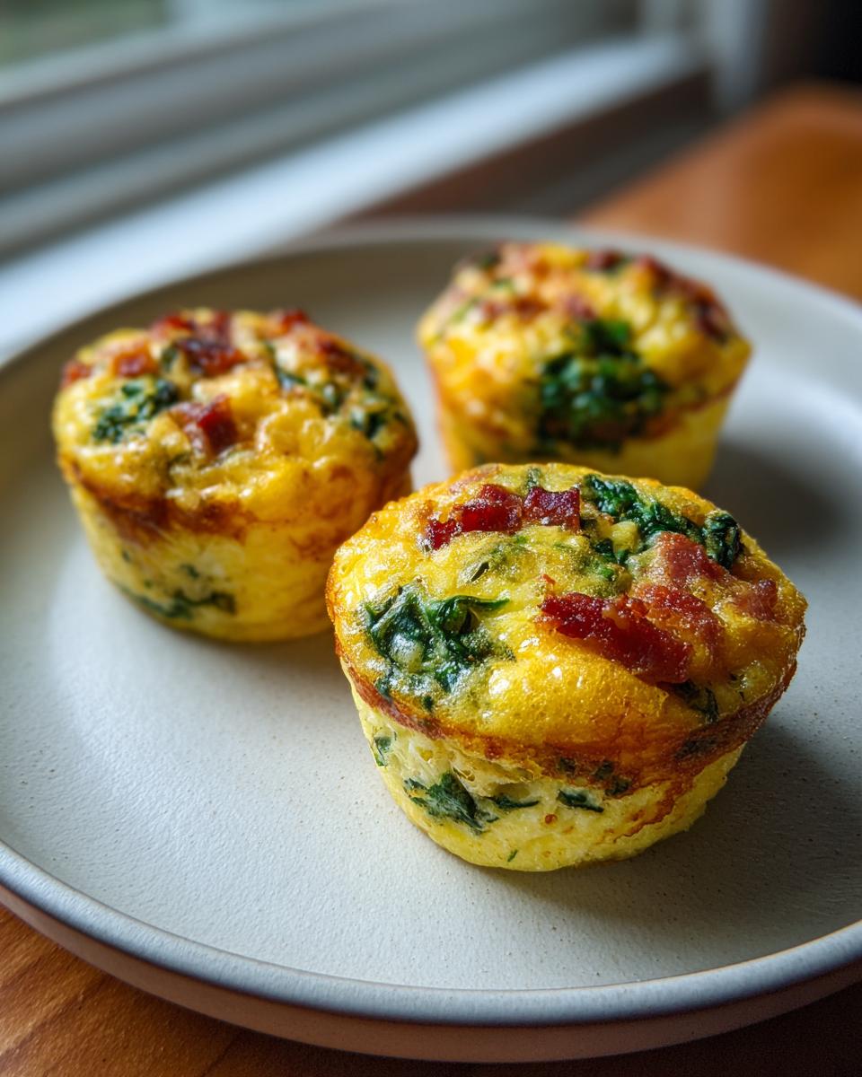 Three perfectly baked savory egg bites featuring spinach and bacon pieces, served on a light plate.