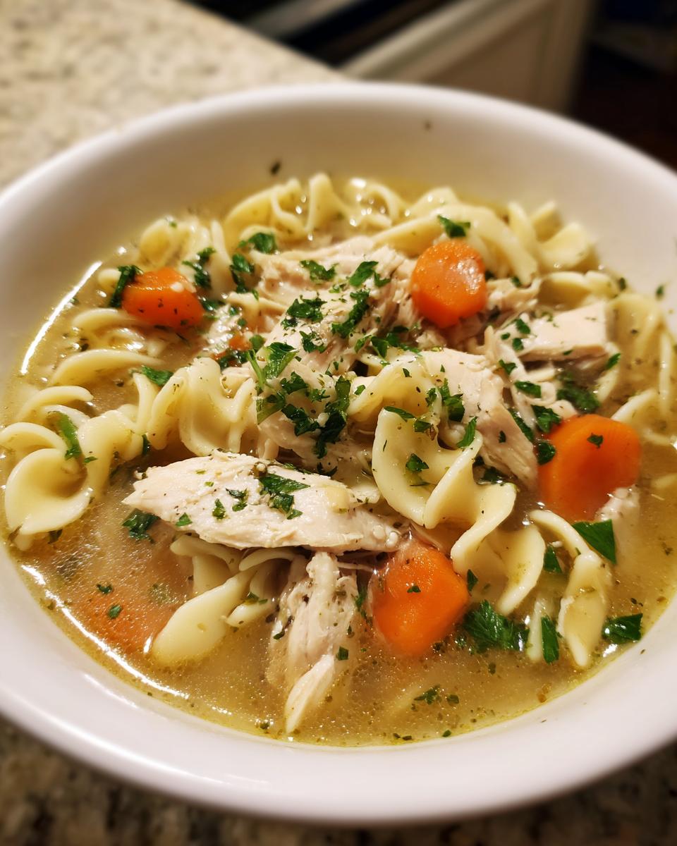 Close-up of a white bowl filled with savory turkey noodle soup, featuring shredded turkey, egg noodles, and sliced carrots, topped with parsley.