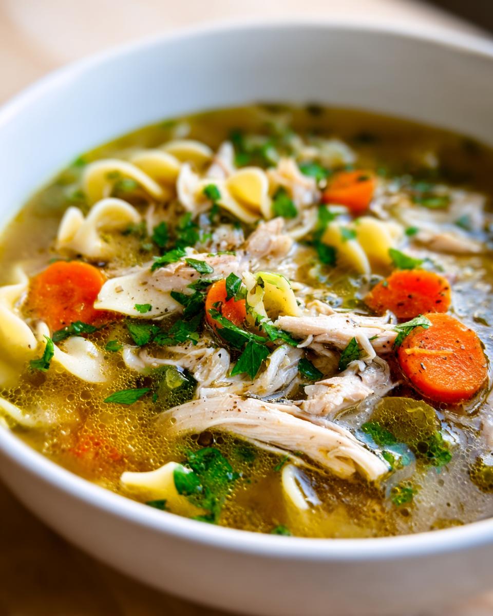 A close-up shot of a steaming bowl of savory turkey noodle soup, featuring shredded turkey, egg noodles, carrots, and fresh parsley.