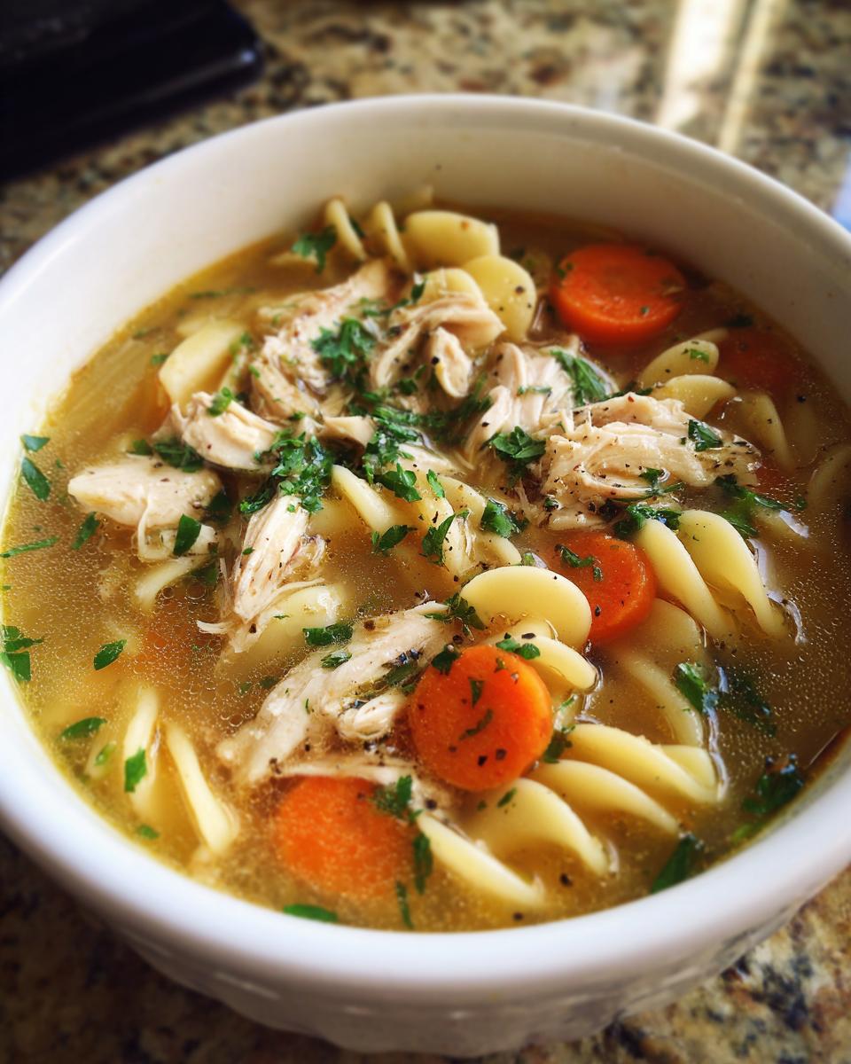 A close-up view of a white bowl filled with savory turkey noodle soup, featuring shredded turkey, egg noodles, and sliced carrots.