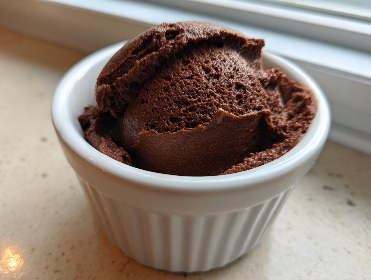 A close-up of a perfectly scooped portion of dark, airy chocolate mousse served in a small white ramekin.