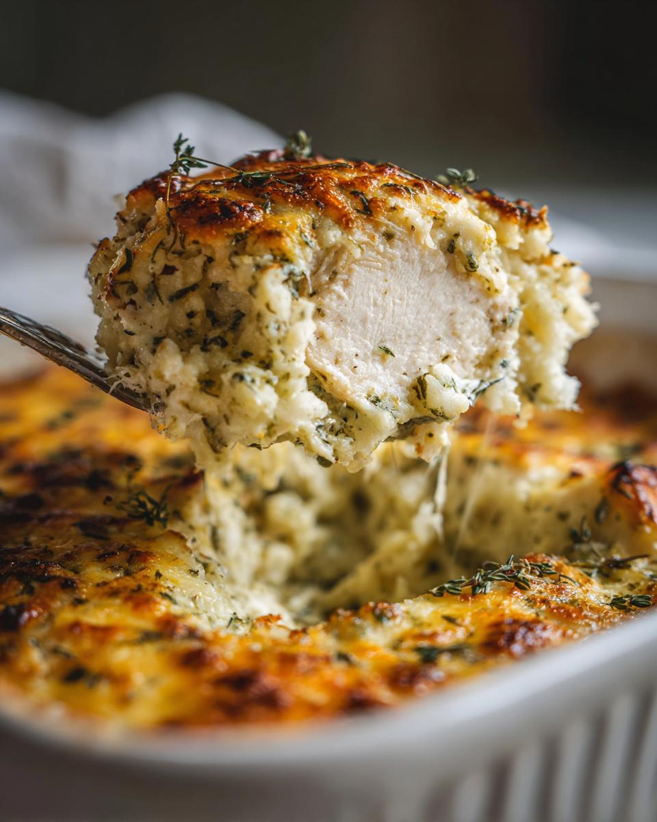 A serving spoon lifts a piece of juicy chicken covered in creamy chicken cauliflower rice casserole from the baking dish.
