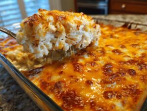 A spoonful of creamy chicken cauliflower rice casserole being lifted from a glass baking dish topped with melted, browned cheddar cheese.