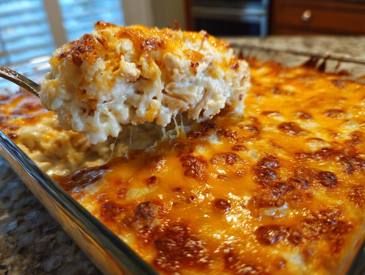A spoonful of creamy chicken cauliflower rice casserole being lifted from a glass baking dish topped with melted, browned cheddar cheese.