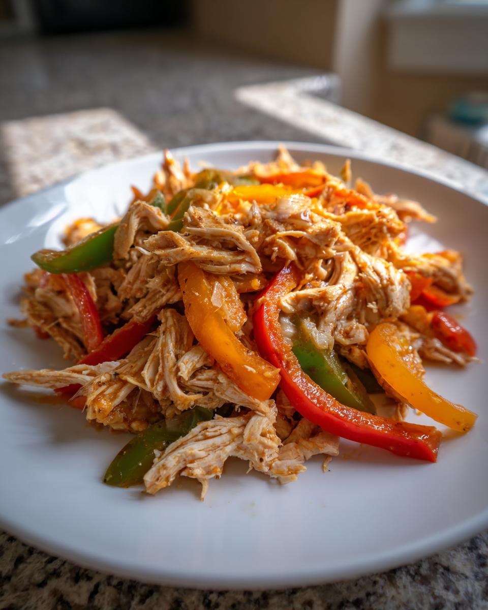 Close-up of shredded chicken mixed with colorful bell pepper strips, ready for crockpot chicken fajitas.