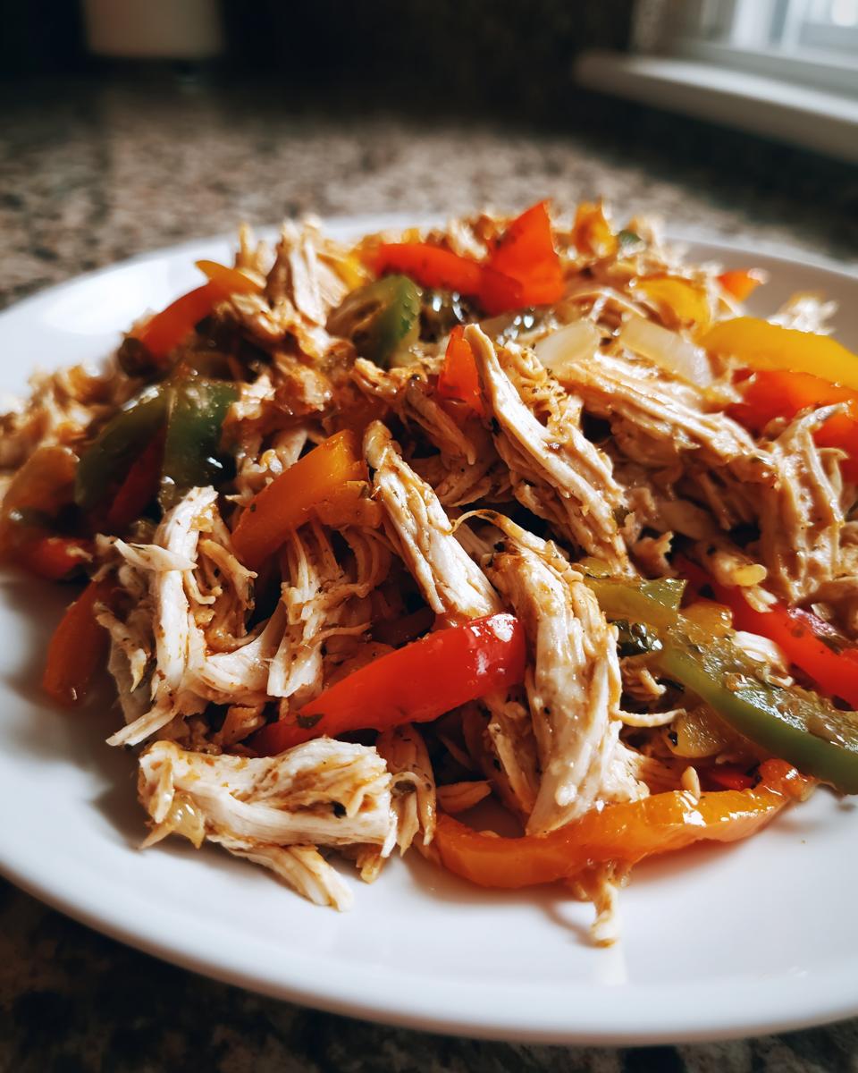 Close-up of shredded chicken mixed with sliced red, orange, and green bell peppers for crockpot chicken fajitas.