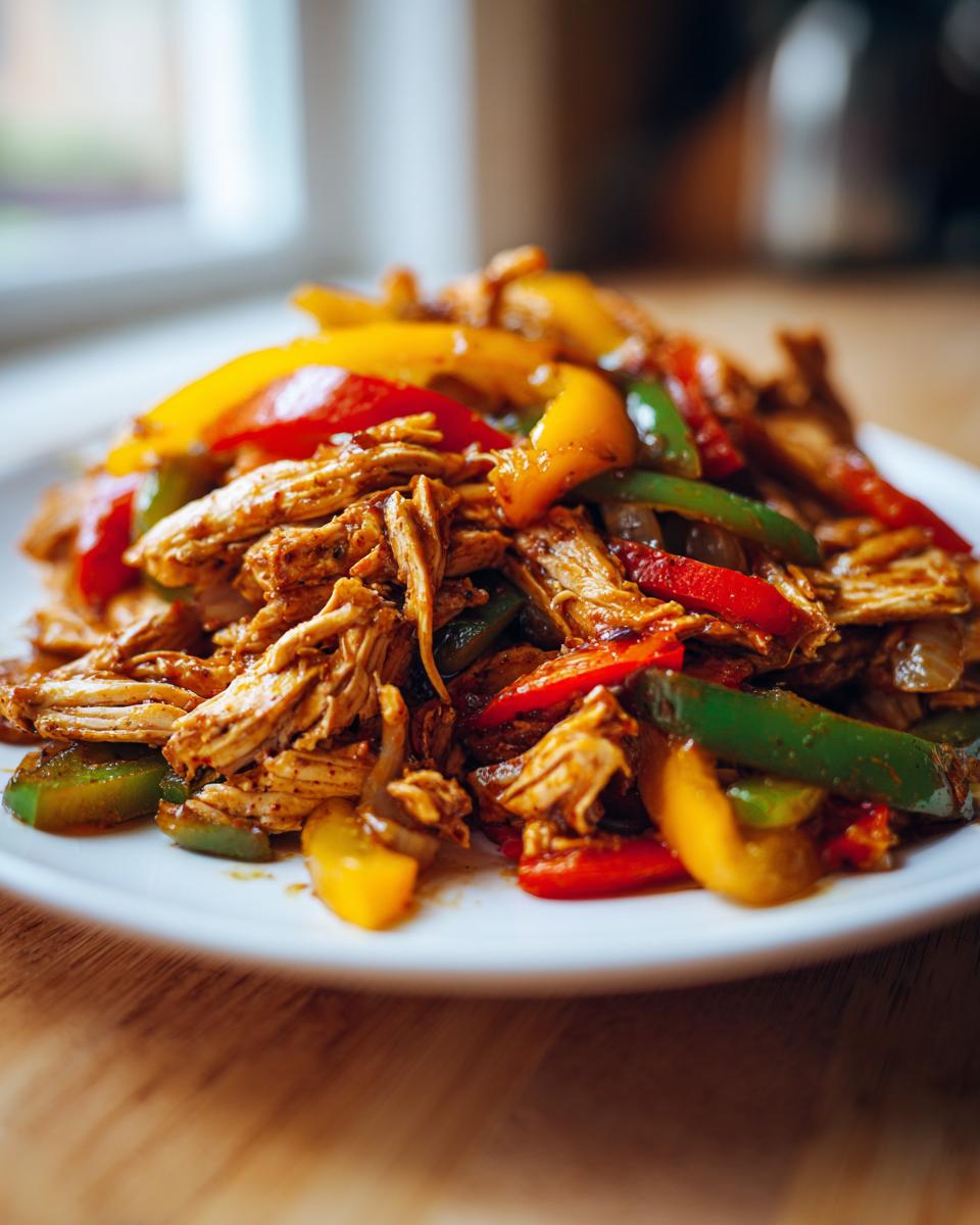 Close-up of shredded chicken mixed with colorful bell peppers, ready for crockpot chicken fajitas.