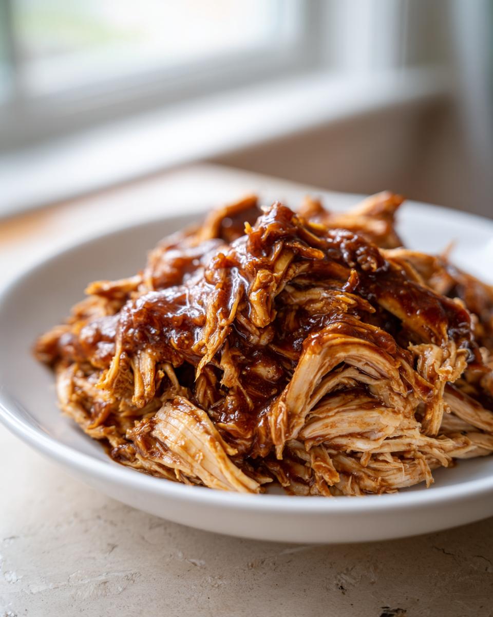 Close-up of shredded crockpot teriyaki chicken generously coated in a glossy, dark teriyaki sauce, served in a white bowl.