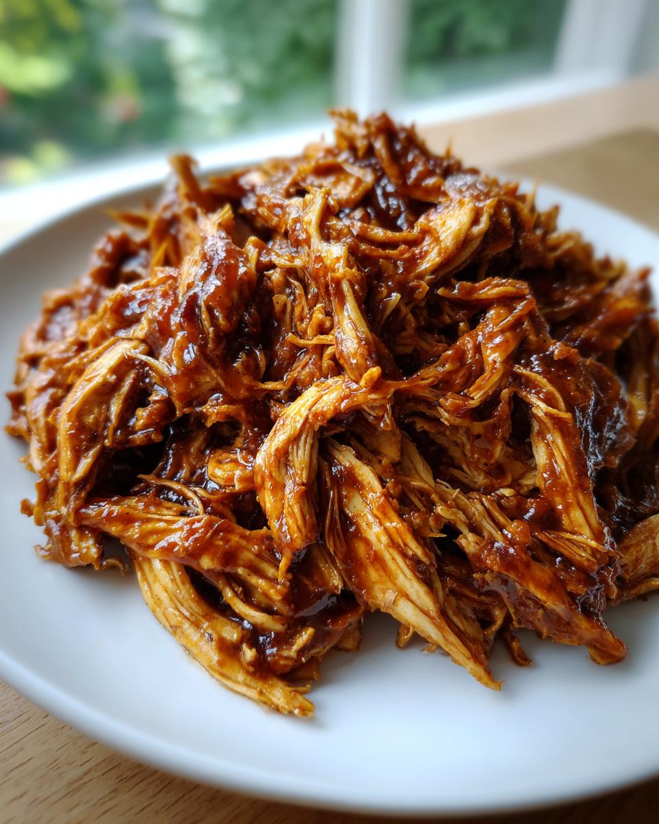 Close-up of shredded crockpot teriyaki chicken coated in a glossy, dark sauce, served on a white plate.