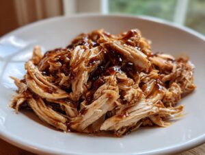 Close-up of shredded crockpot teriyaki chicken coated in glossy sauce served on a white plate.