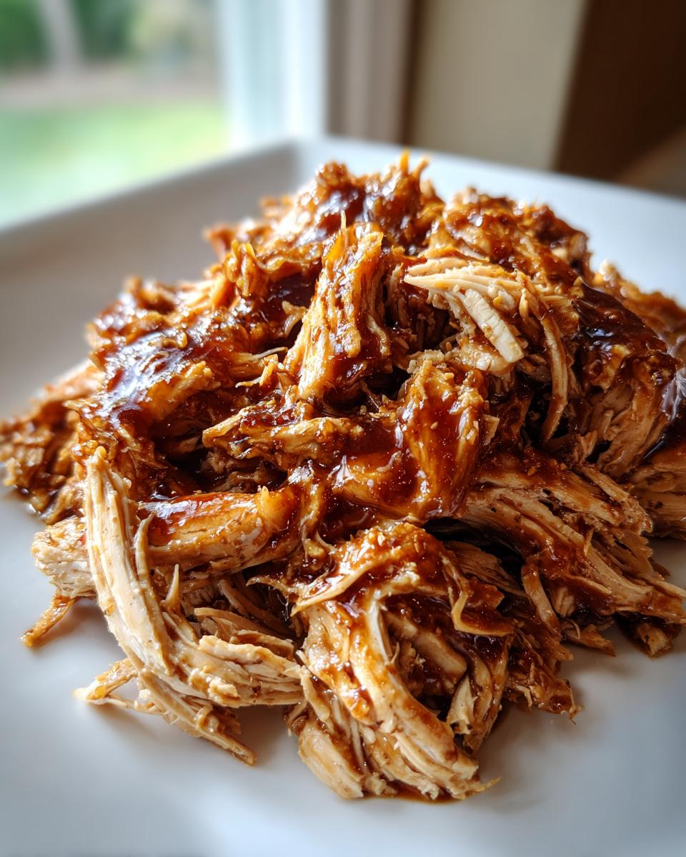 Close-up of moist, shredded crockpot teriyaki chicken coated in a glossy, dark teriyaki sauce, served on a white plate.