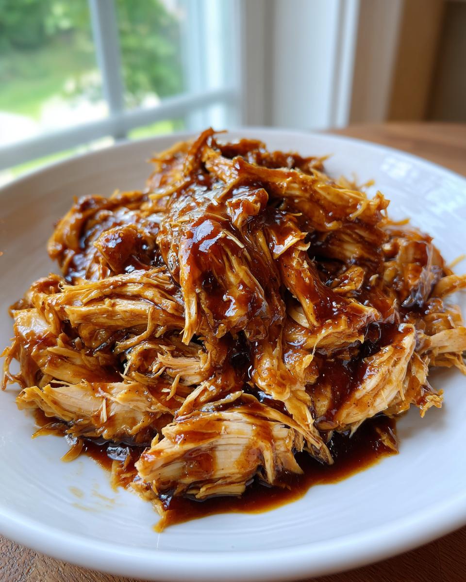 Close-up of shredded crockpot teriyaki chicken piled high and coated in a glossy, dark teriyaki sauce in a white bowl.