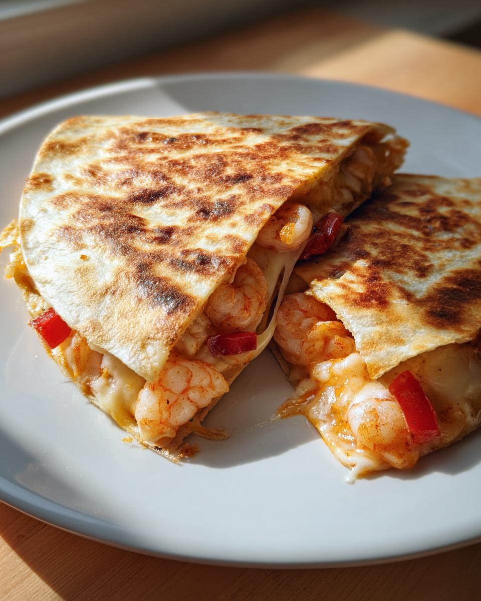 Two halves of a perfectly grilled shrimp quesadilla showing melted cheese, seasoned shrimp, and red peppers inside.