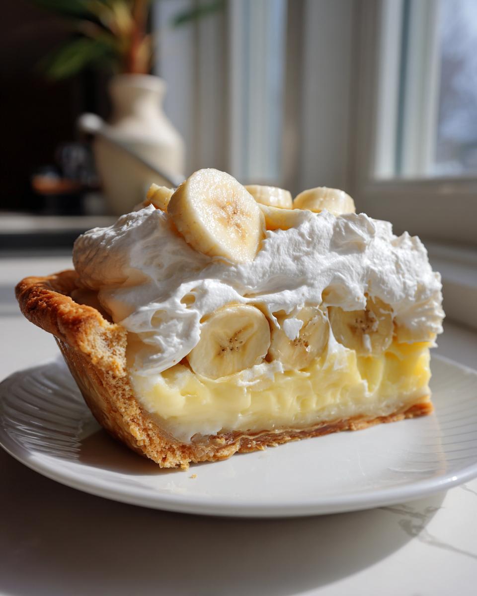 A cross-section slice of rich banana cream pie showing the crust, custard, fresh banana slices, and fluffy whipped cream topping.