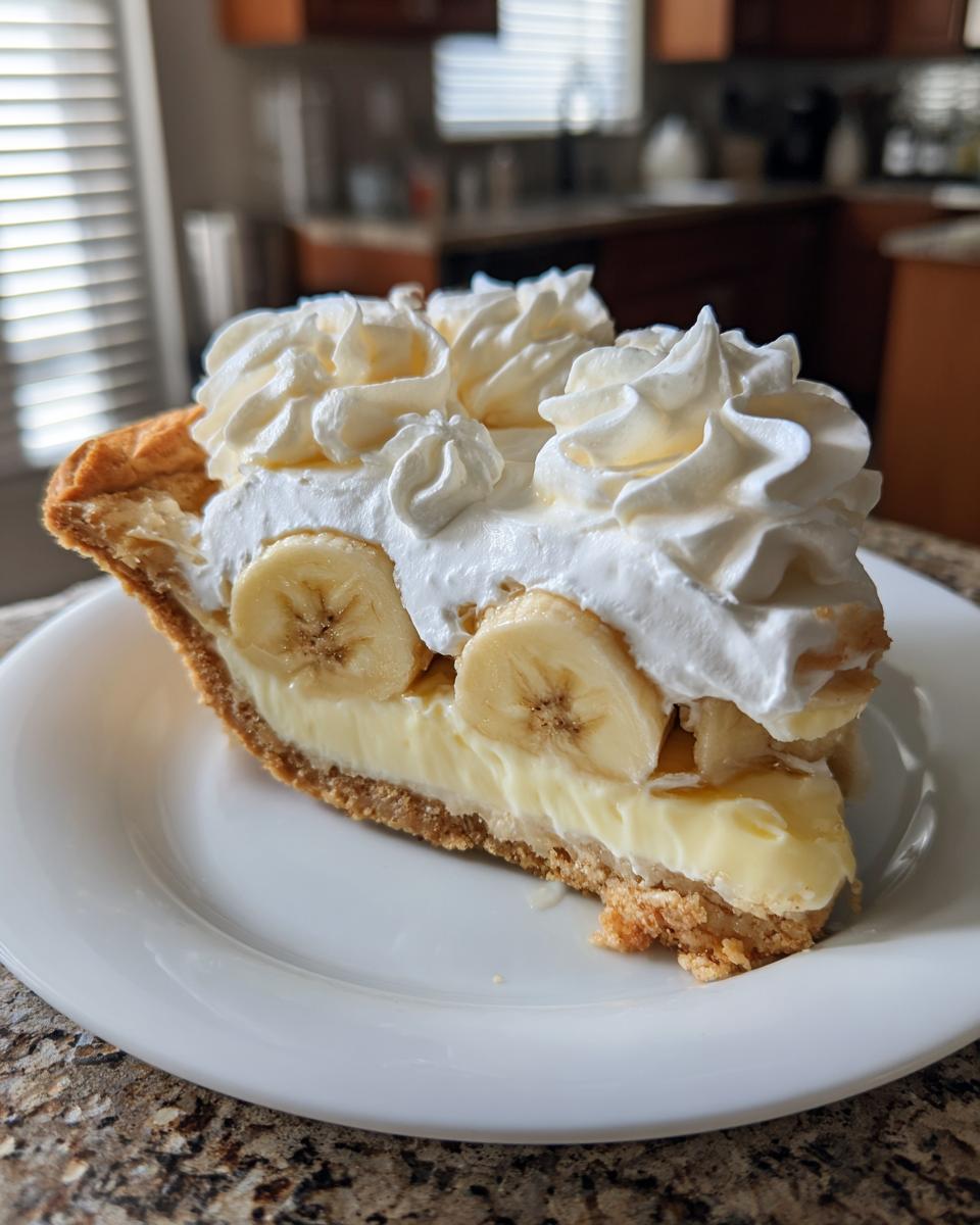 A perfect slice of banana cream pie showing a graham cracker crust, thick custard, fresh banana slices, and piped whipped cream.
