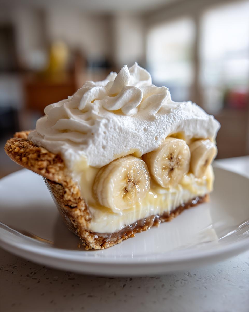 A close-up of a slice of banana cream pie showing layers of crust, custard, banana slices, and a generous swirl of whipped cream.