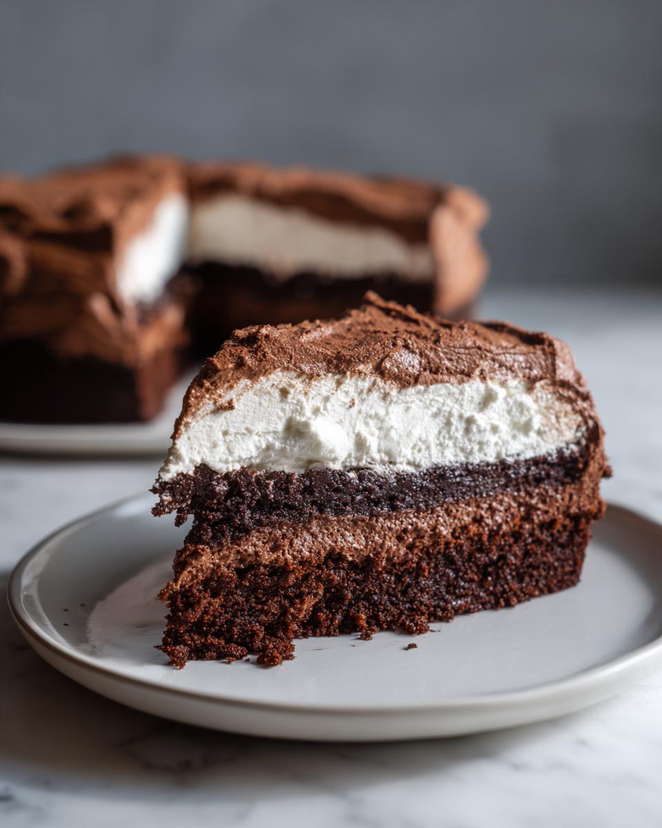 A decadent slice of chocolate Italian Love Cake showing three distinct layers: dark cake base, lighter chocolate mousse, and white topping dusted with cocoa.