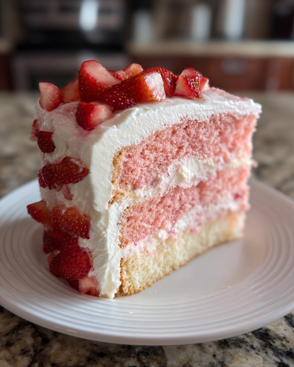 A tall, layered slice of pink strawberry cake with white frosting and fresh strawberry pieces.