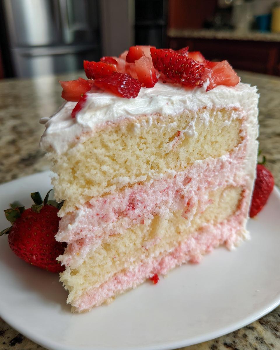 A tall slice of light sponge strawberry cake with pink filling and white frosting, topped with fresh strawberries.