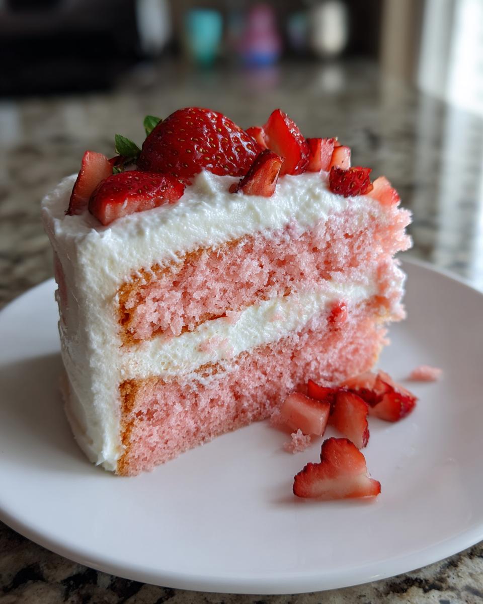 A tall slice of pink strawberry cake layered with white frosting and topped with fresh strawberries.