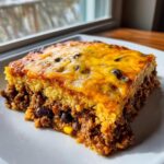 A square slice of homemade tamale pie featuring a savory meat and bean filling topped with cornbread and melted cheddar cheese.