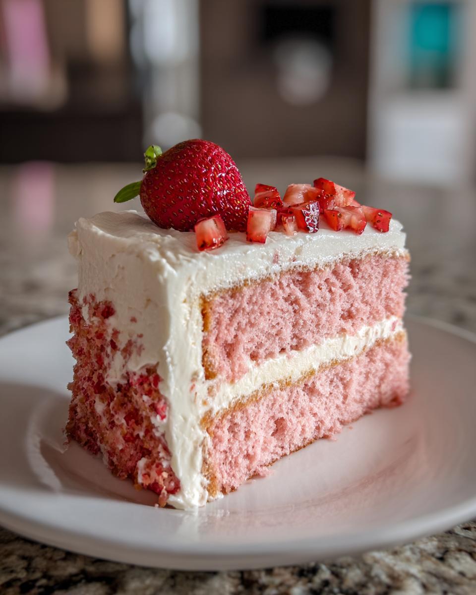 A close-up of a slice of pink strawberry cake layered with white frosting and topped with a whole strawberry.