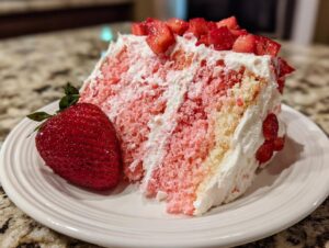 A generous slice of pink and white layered strawberry cake topped with chopped strawberries and a whole fresh strawberry beside it.