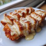 Close-up of sliced, breaded chicken cordon bleu drizzled generously with a creamy yellow sauce.