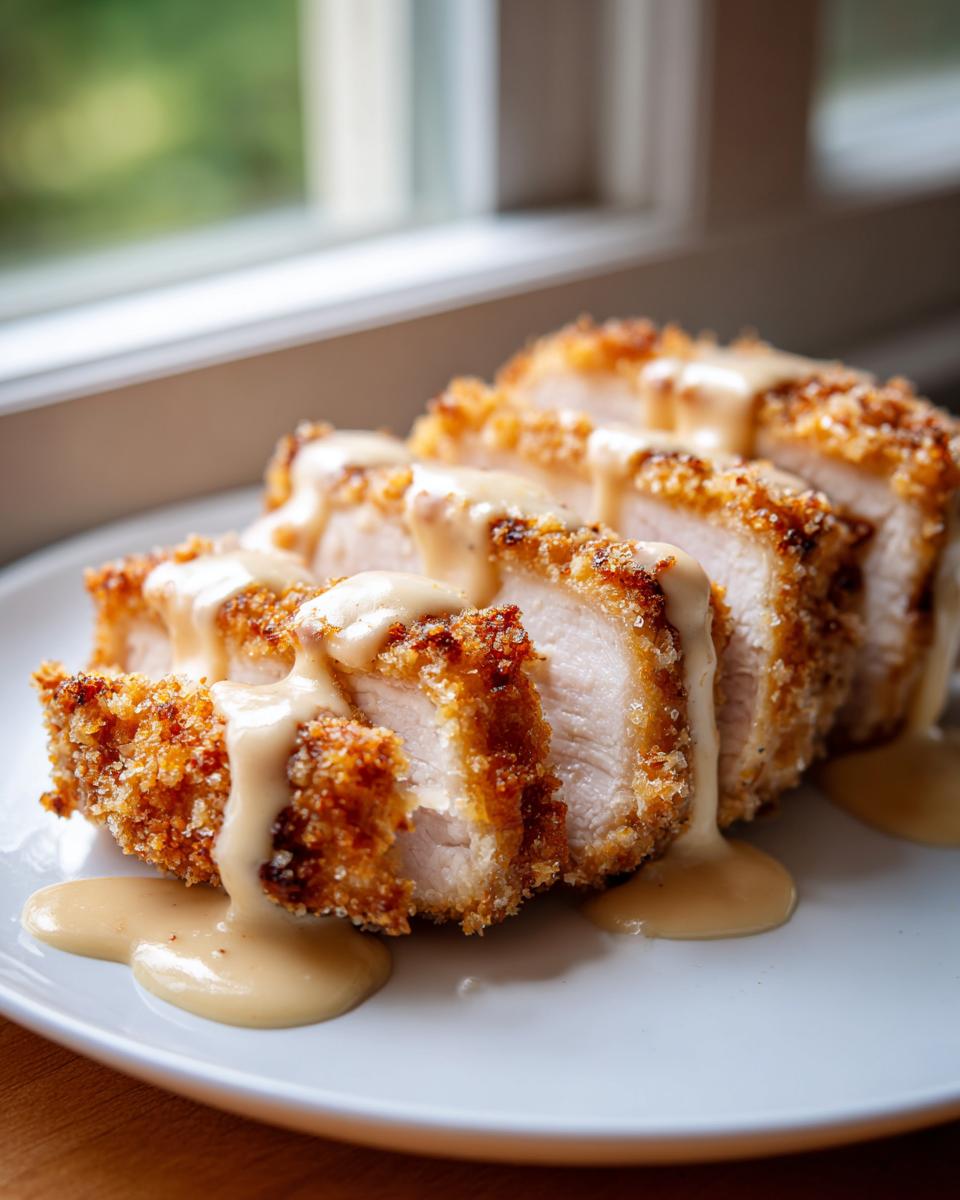 Close-up of sliced, breaded chicken cordon bleu drizzled generously with a light, creamy sauce.
