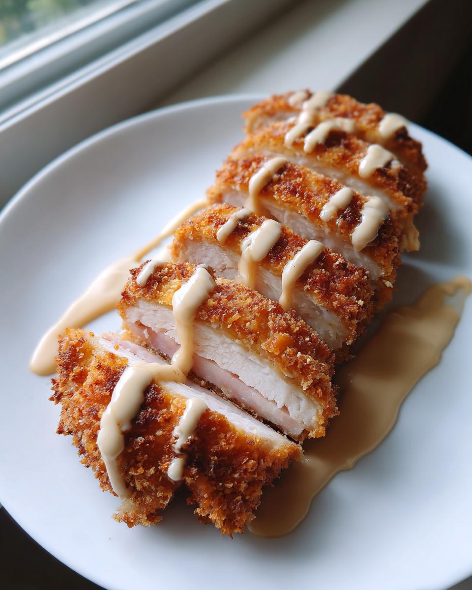 Close-up of sliced, breaded chicken cordon bleu drizzled with a light, creamy sauce on a white plate.