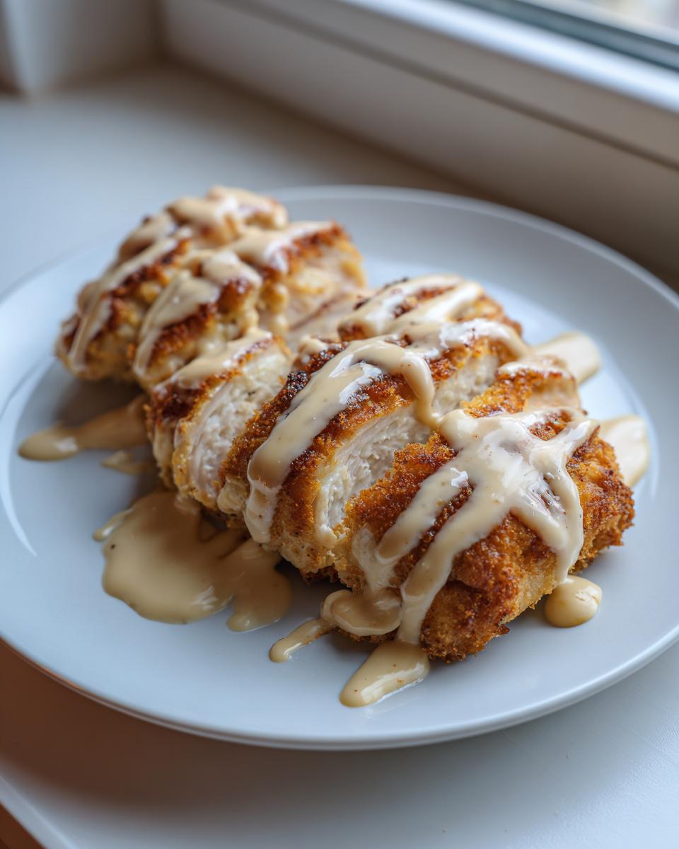 Close-up of sliced, breaded chicken cordon bleu drizzled generously with a light brown, creamy sauce.
