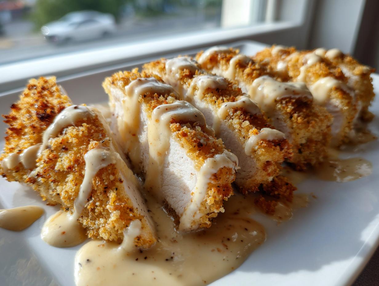 Slices of breaded chicken cordon bleu drizzled generously with a creamy, peppered sauce, served on a white plate.