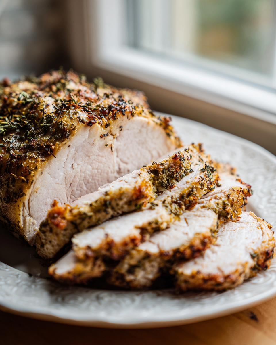 A beautifully roasted and sliced slow cooker turkey breast, crusted with herbs, served on a white plate.