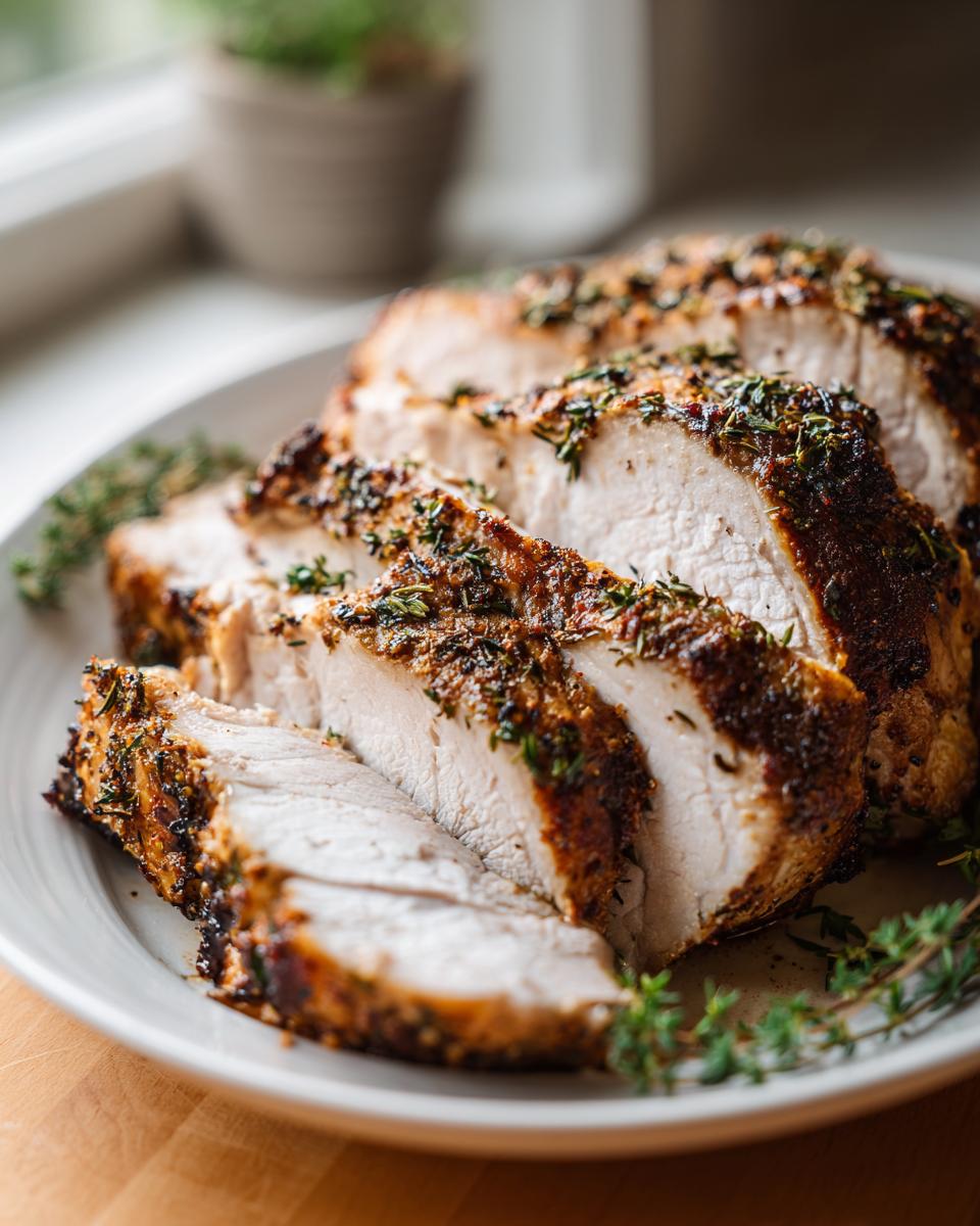Close-up of a perfectly cooked and sliced slow cooker turkey breast seasoned with herbs.