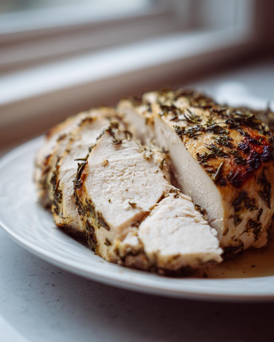 Close-up of a moist, sliced slow cooker turkey breast seasoned heavily with green herbs.
