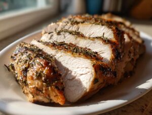 Close-up of thick slices of juicy slow cooker turkey breast, crusted with browned herbs like rosemary.