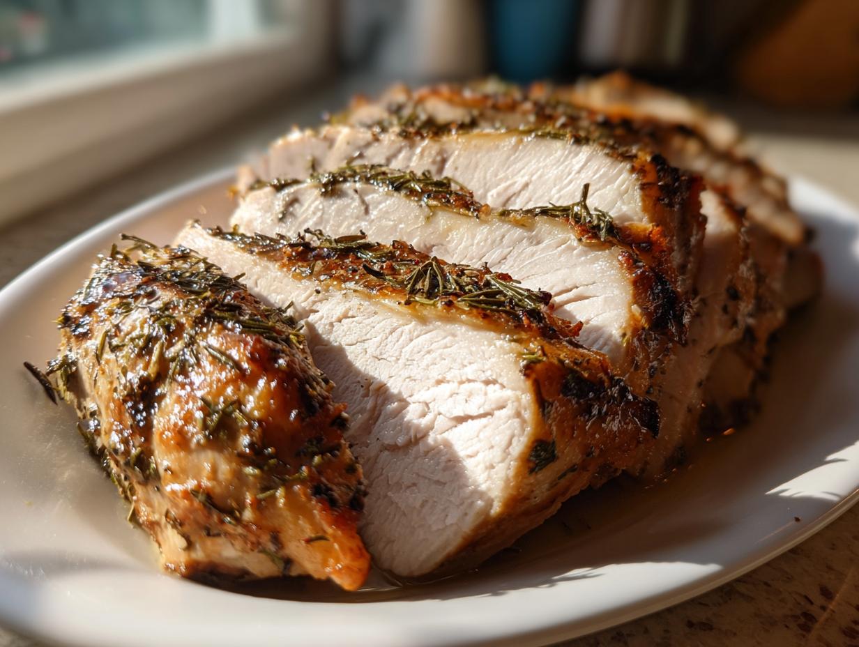 Close-up of thick slices of juicy slow cooker turkey breast, crusted with browned herbs like rosemary.