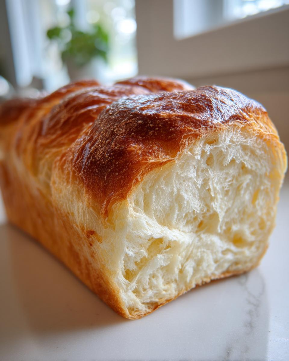Close-up of a freshly baked Japanese milk bread loaf showing its incredibly soft, fluffy white interior crumb and golden-brown top crust.